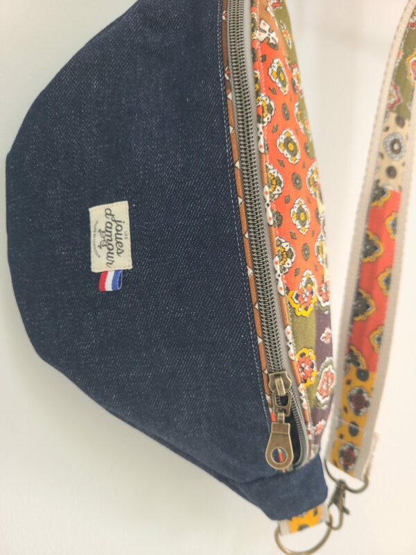 sac banane jean brut et coton fleuri ancien