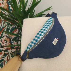 sac banane jean et vichy turquoise