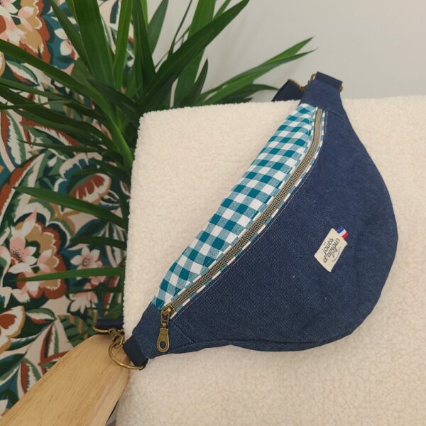 sac banane jean et vichy turquoise