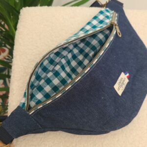 sac banane jean et vichy turquoise