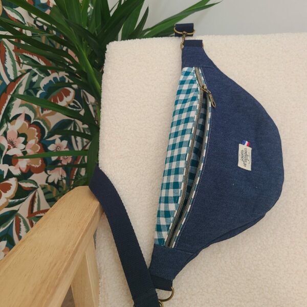 sac banane jean et vichy turquoise avec sangle bleu foncé