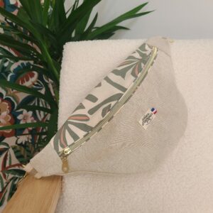 sac banane lin beige et tissu feuillage verts et beige