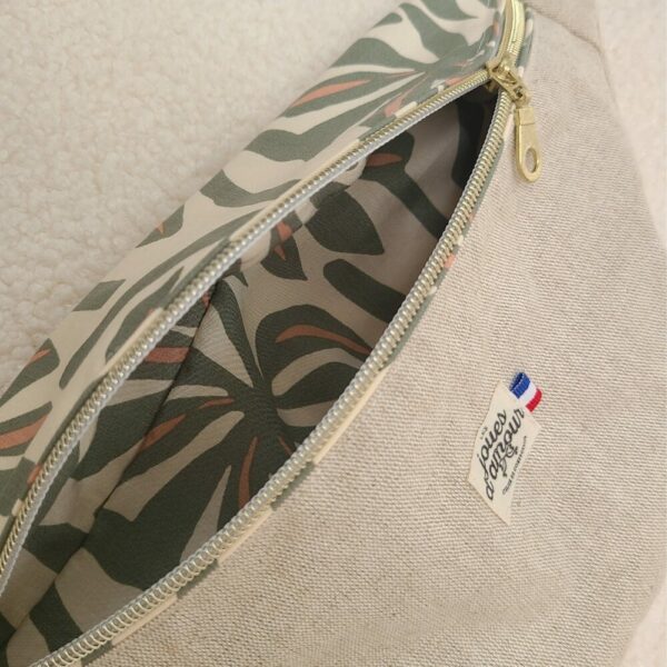 sac banane lin beige et tissu feuillage vert et beige
