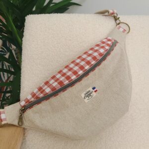 Sac banane en lin beige et vichy terra cotta sangle beige avec coton vichy dessus