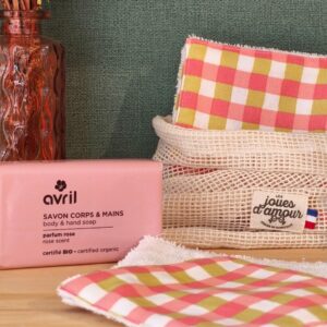 Lingettes réutilisables avec savon à la rose et sn pochon en coton bio beige