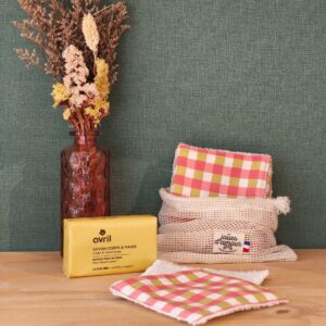 Lingettes reutilsables avec pochon en coton et savon fleur de tiaré